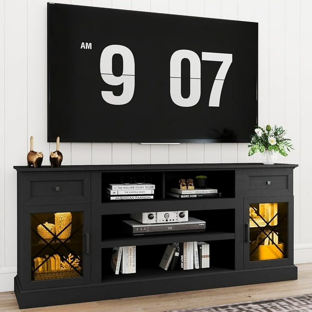 FIAKOA 70 inch Farmhouse TV Stand for 80 inch TV, Modern Entertainment Center with LED Lights, Wooden TV Stand Table with Glass Doors for Living Room (Black)