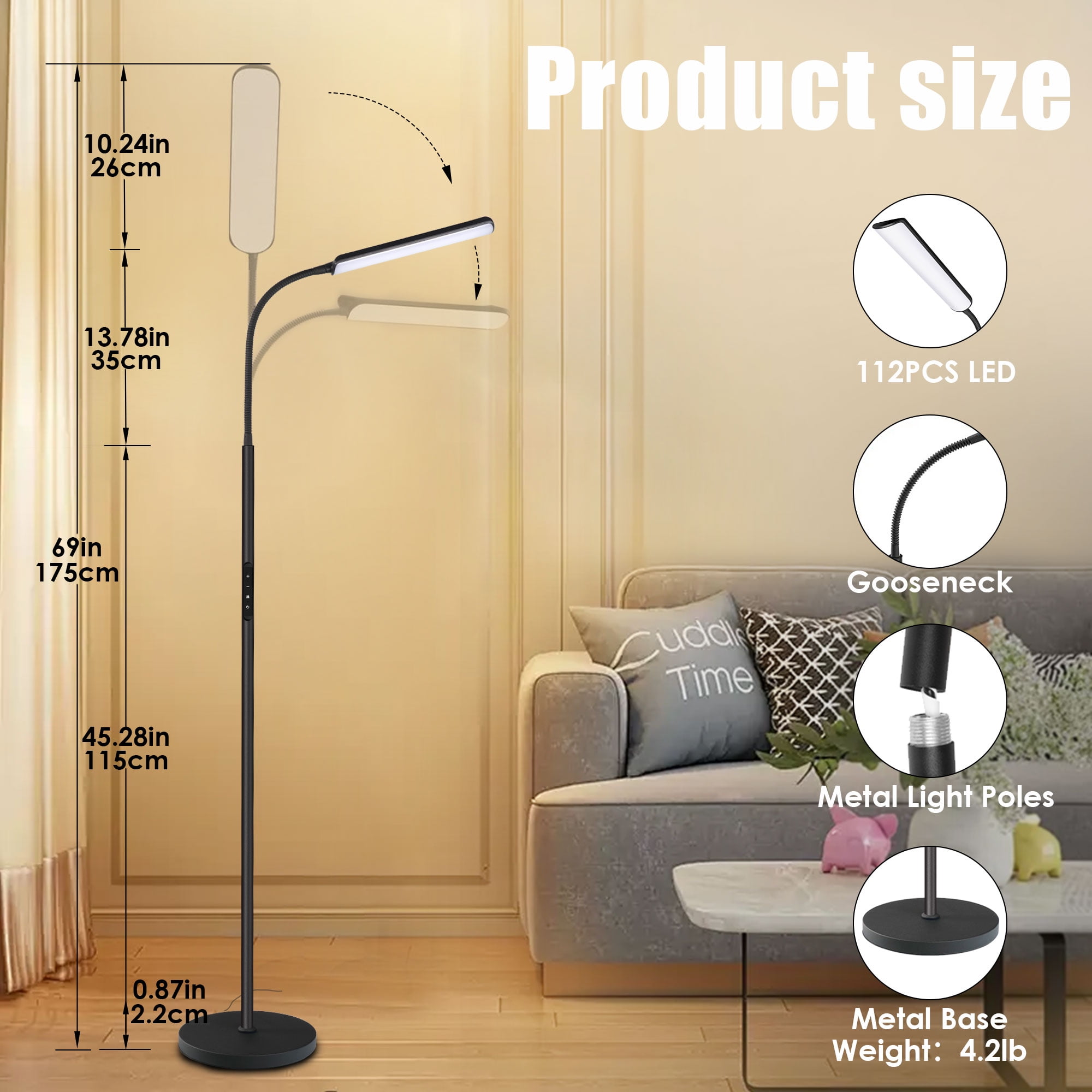 Kapwan LED Floor Lamps for Living Room,3 Color Dimmable Floor Lamp with Remote & Touch Control, Standing Lamp with 1H Timer for Bedroom Office Piano (Black Modern)