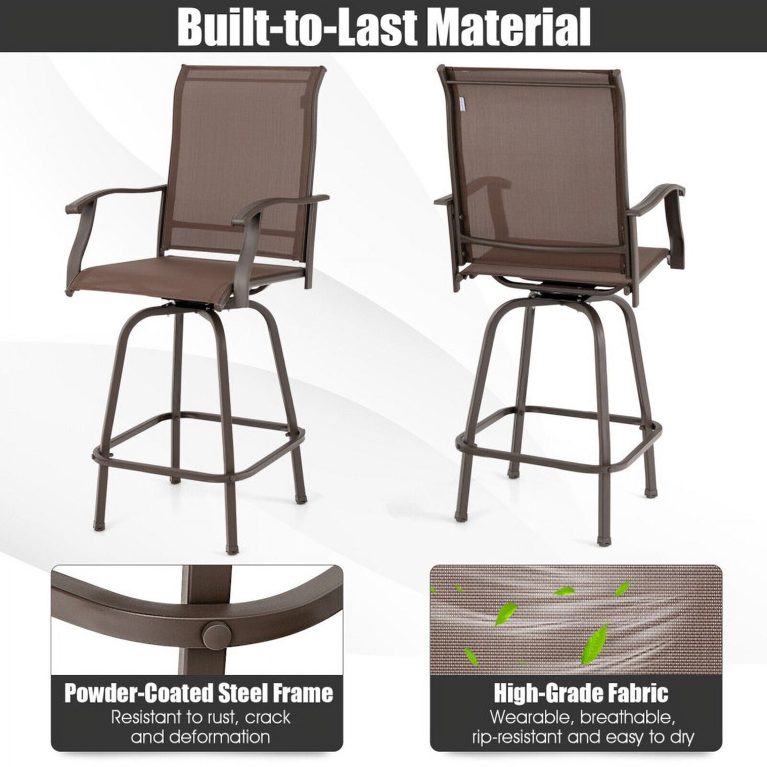 Aimee Lii 2 Pieces Patio 360 Rotation Swivel Bar Stool Set, Outdoor Patio Furniture, Brown