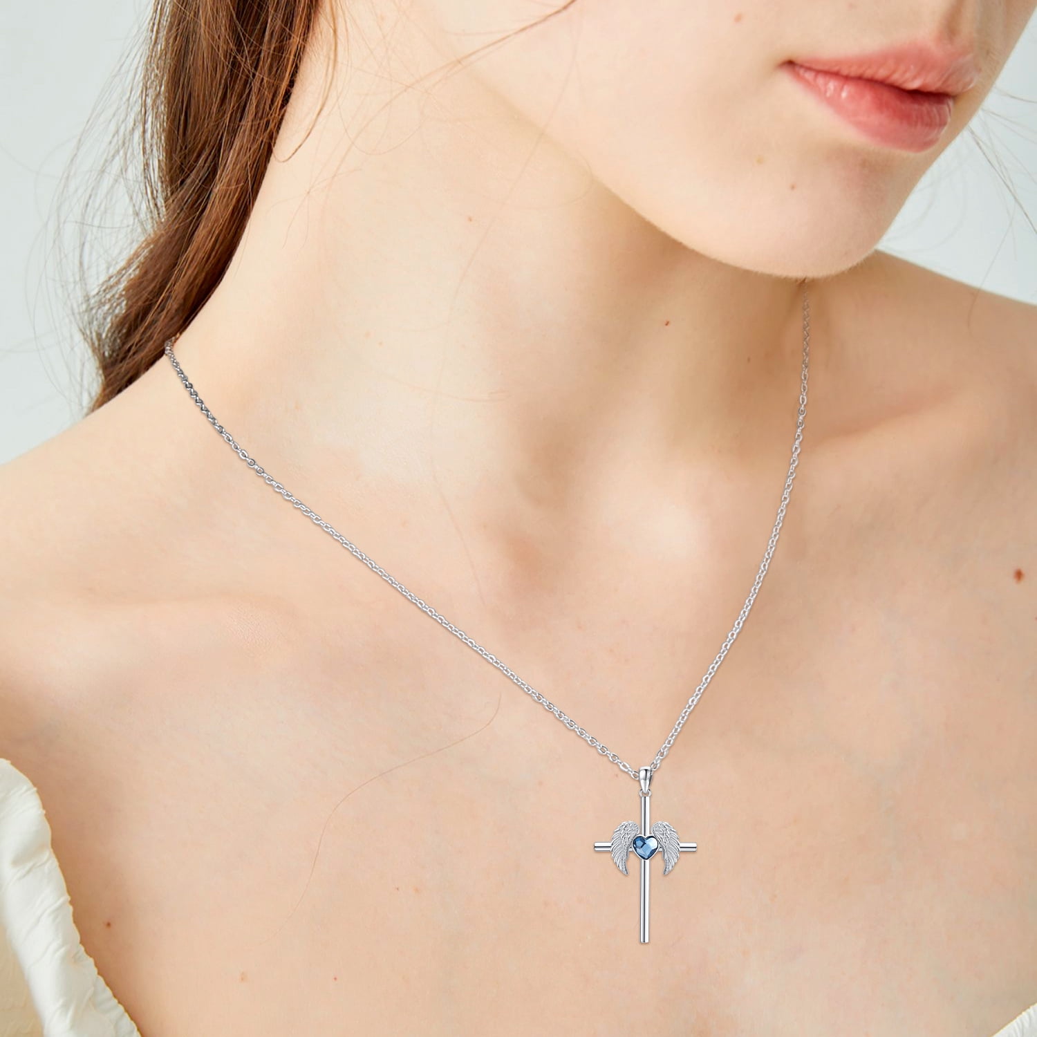 Coachuhhar Cross Necklace 925 Sterling Silver Angel Wings Pendant Necklace with Heart Blue Crystal Cross Jewelry Gifts for Women