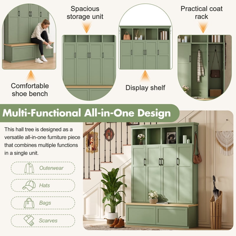Modern Farmhouse Hall Tree with Bench and Storage Cabinets, Entryway Coat Rack with 6 Hooks, 4 Hidden Cabinets, Drawers and Open Shelves, Mudroom Organizer for Hallway, Living Room