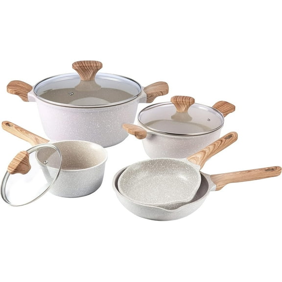 Country Kitchen 8-Piece Pots and Pans Set, Durable Kitchen Cookware Set, Cream