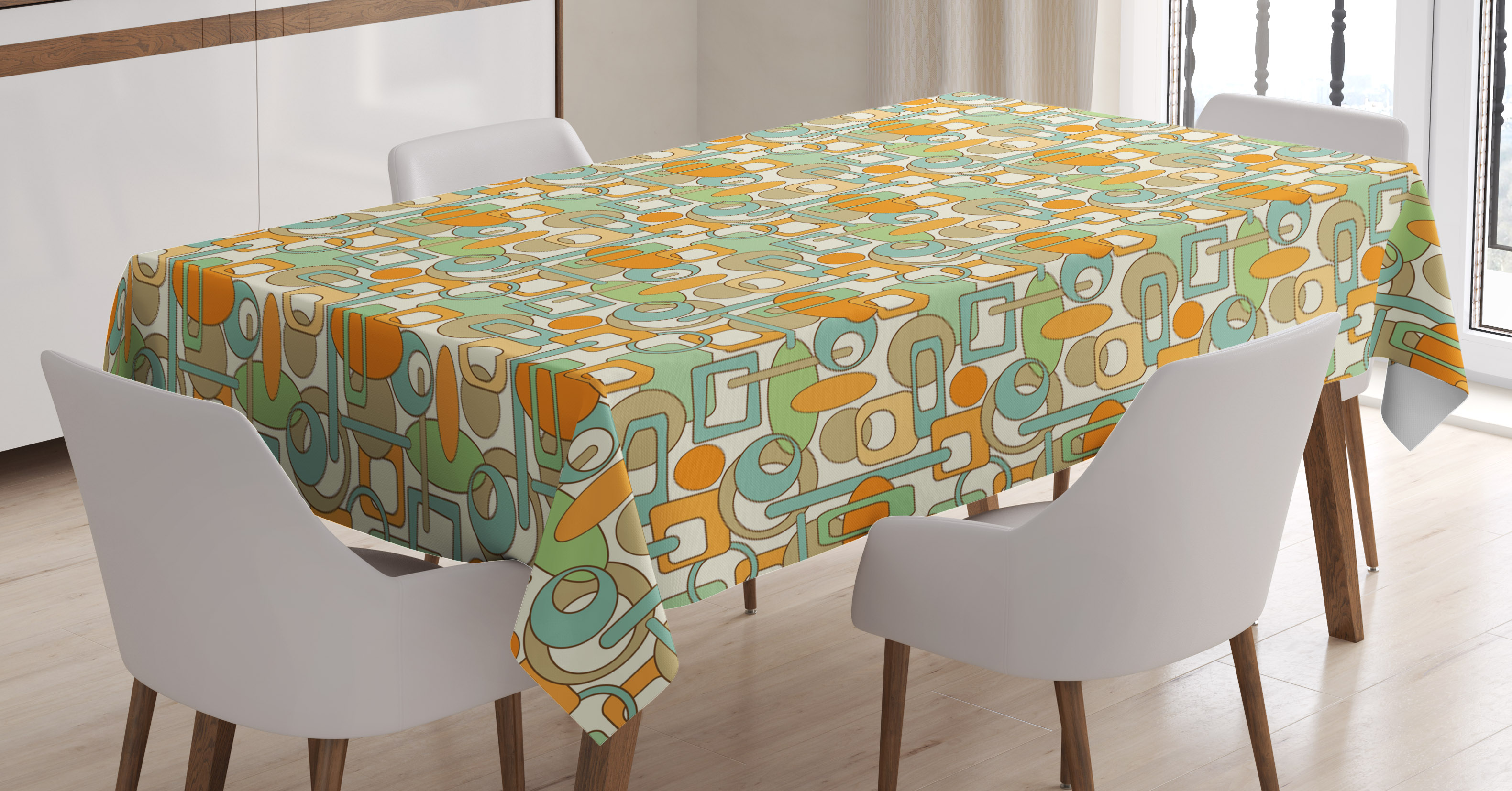 Abstract Tablecloth, Colorful Geometrical Shapes with Gaps Circles Oval