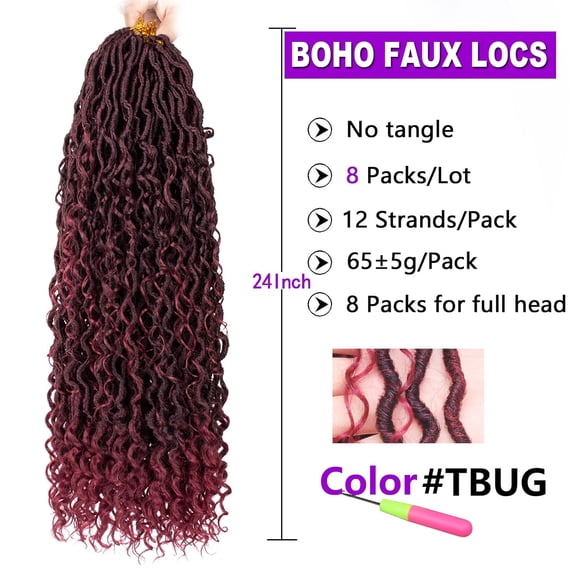 WEIF-8 Packs Burgundy Goddess Locs Crochet Hair 24 Inch Ombre Boho Faux Locs, Pre Looped Hipple Locs Curly Soft Locs Red River Locs Hair Extensions Tbug#