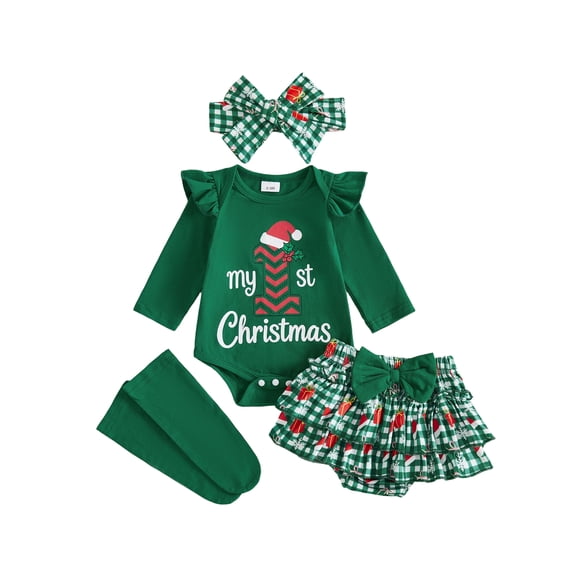RUINIXCW Newborn Baby Boy Girl My First Christmas Outfit Infant Girls Fall Winter Clothes Letters Romper and Plaid Skirt Headband Long Socks 4Pcs Set