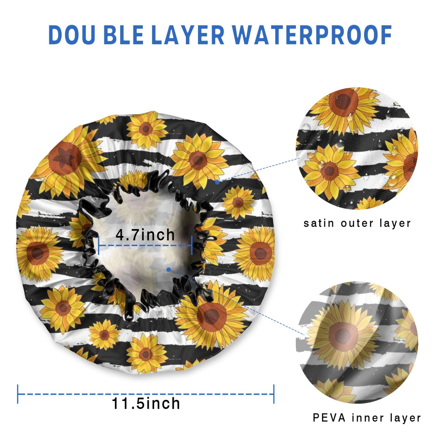 Shower Caps,Black White Stripe Sunflower Pattern Waterproof Shower Cap for Women 4 Pieces,Double Reusable Hair Cover for Shower PEVA Elastic Stretch Hem