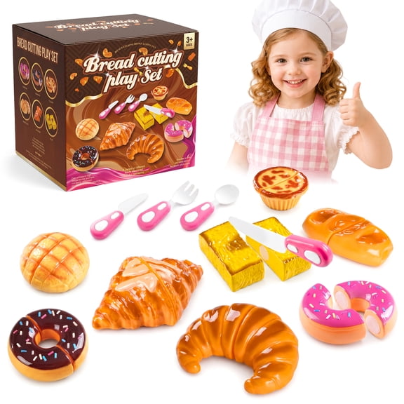 UQN Play Food Set for Kids Kitchen, Pretend Bakery Toy Food for Toddlers 3-5, Bread Cutting Food Toys, Birthday Gift for Boys and Girls Ages 3 4 5 6 Years.