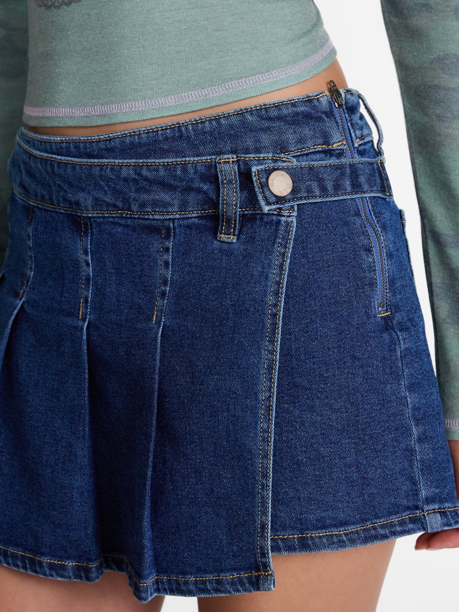 Madden NYC Women’s Belted Pleated Denim Mini Skort, Sizes XXS-XXL