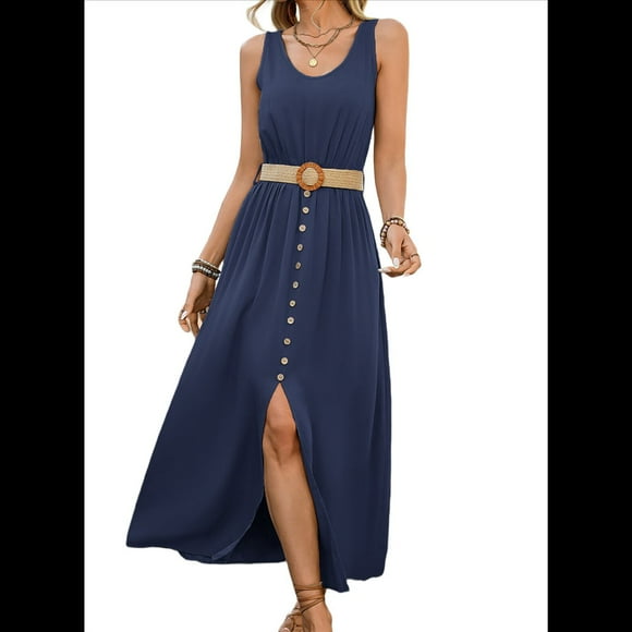 Vestidos de Verano para Mujer 2025, Sin Mangas, Abotonados, Cintura Baja, Informales, Corte A, Vestido Midi, Vestido de Verano, Azul Marino, Talla S