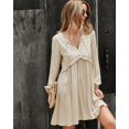 thumbnail image 2 of Tie Neck Long Sleeve Ruffle Lace Detail Tunic Dress for Women, 2 of 3