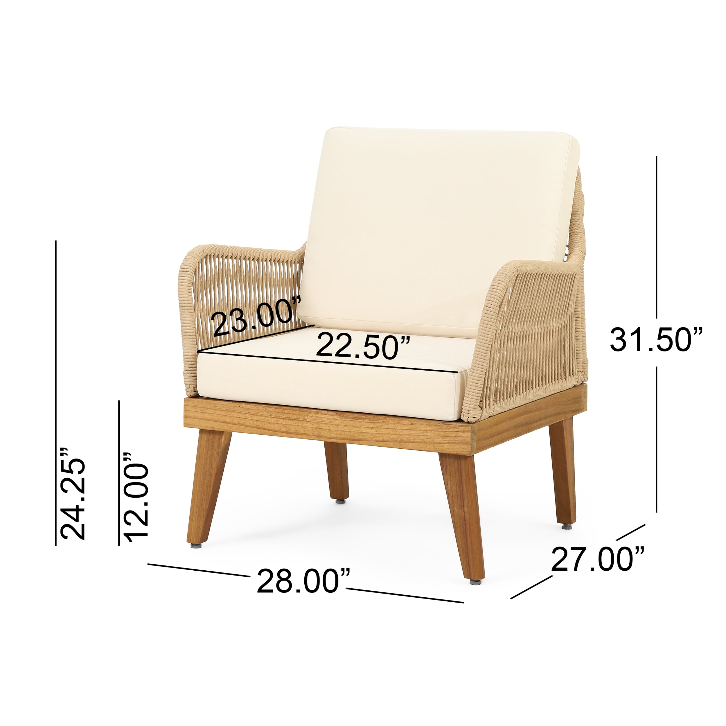 Outdoor 4 Piece Conversation Furniture Set, Acacia Wood with Rope Detail and Water Resistant Cushions for Patio, Teak and Beige