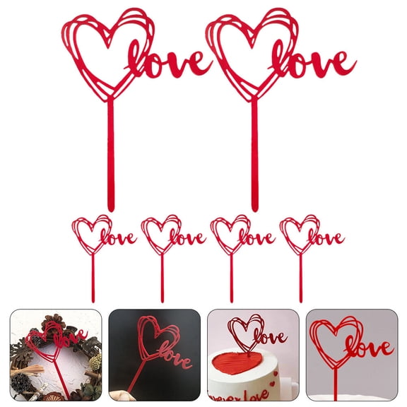 Toyvian Red Acrylic Heart Cake Picks for Wedding and Valentine's Day Decorations 6Pcs