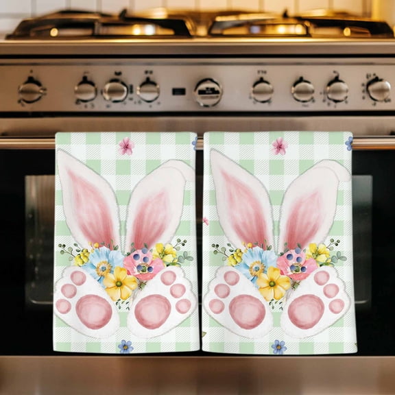 Easter Kitchen Towels Set of 2, Spring Bunny Ears Feet Flowers Green Plaid Absorbent Dish Towels for Kitchen, Microfiber Hand Towel, Quick Drying Tea Towel for Cleaning Decorative Dishcloths