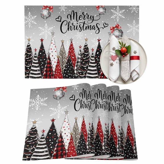 Merry Christmas Trees Placemats Set of 6, Winter Red Black Xmas Tree Snowflakes Heat Insulated Linen Place Mats, Washable Stain-Proof Table Mats for Dining Tables Holiday Decor 13x19 Inches