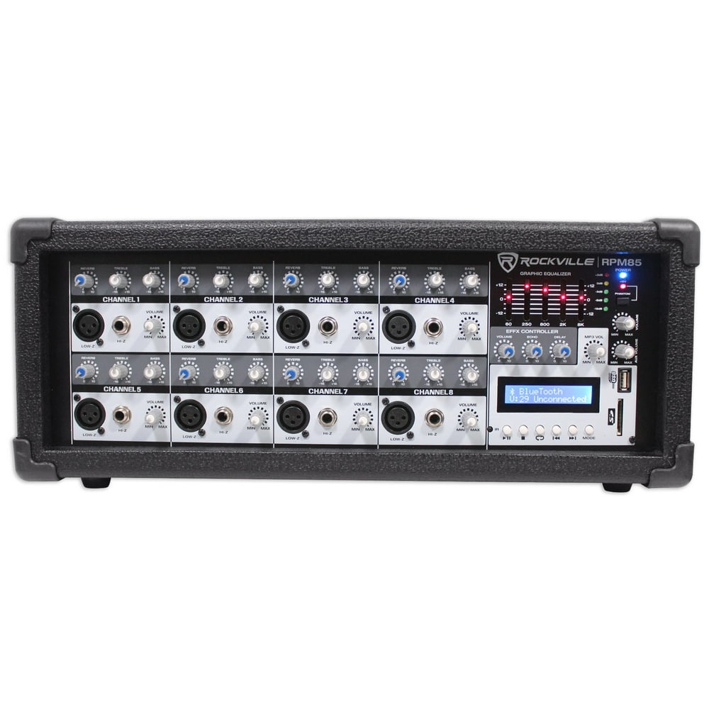 Rockville RPM85 2400w Powered 8 Channel Mixer, USB, 5 Band EQ, Effects