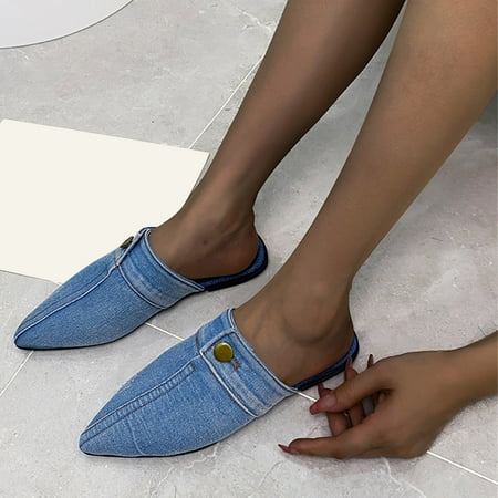 

Casual Shoes Ladies Fashion Solid Color Denim Half Slippers Pointed Toe Flat Casual Shoes