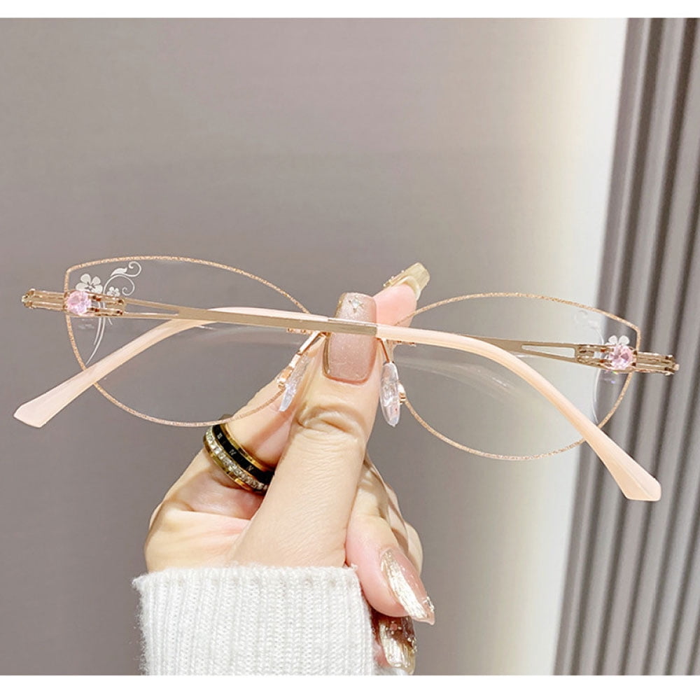 2 Pairs of Women Rimless Anti-blue Light Reading Glasses 3.50, Ladies Ultralight Gold Bling Glitter Cat Eye Readers +3.50 Strength