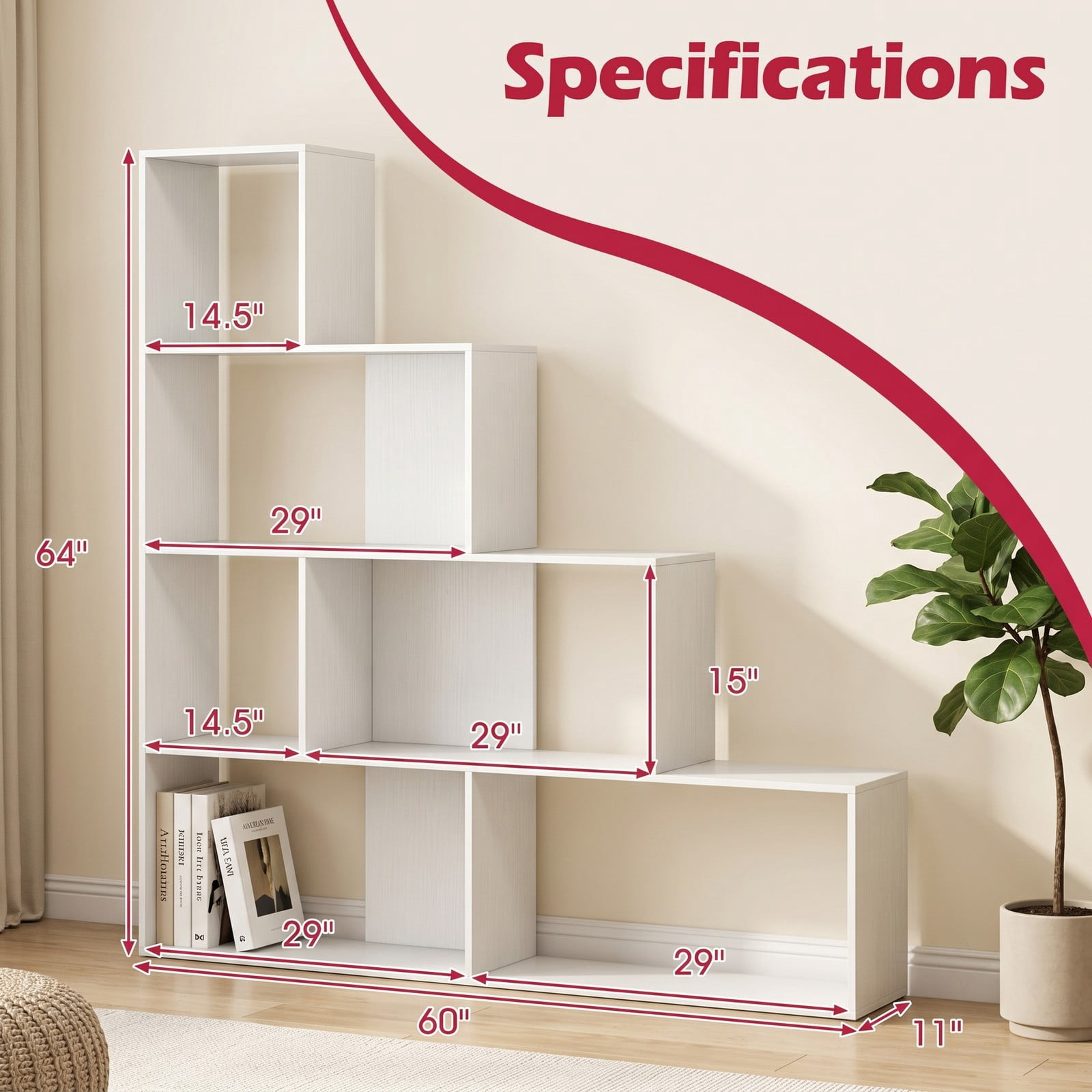 Furnibear 4-Tier Stair Bookshelf, Geometric Ladder Bookcase with 6 Open Cube Display Shelves, Freestanding Corner Storage Rack for Living Room Bedroom Home, White