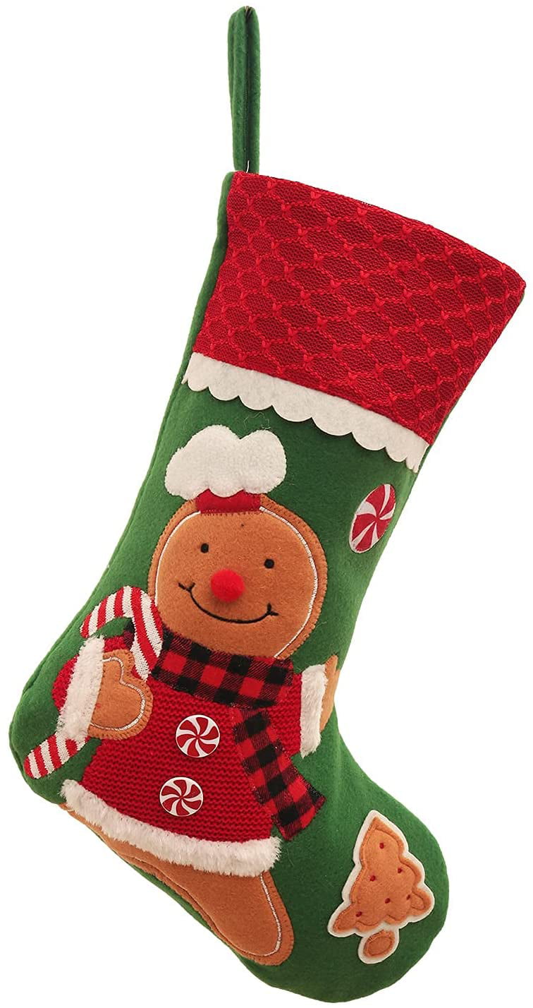 CHRISTMAS 17''FABRIC GINGERBREAD RED/GREEN STOCKING-NEW 