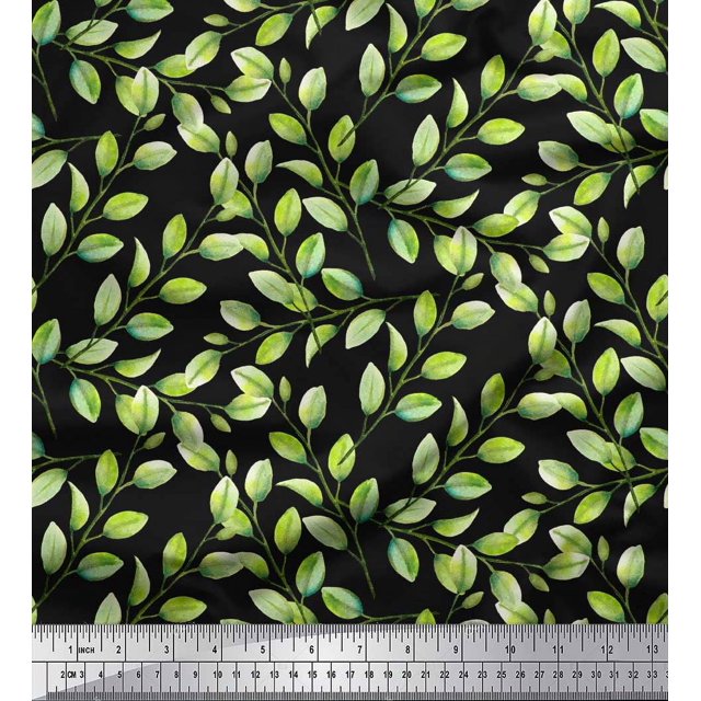 Soimoi Black Rayon Fabric Leaf Leaves Decor Fabric Printed BTY 42 Inch Wide