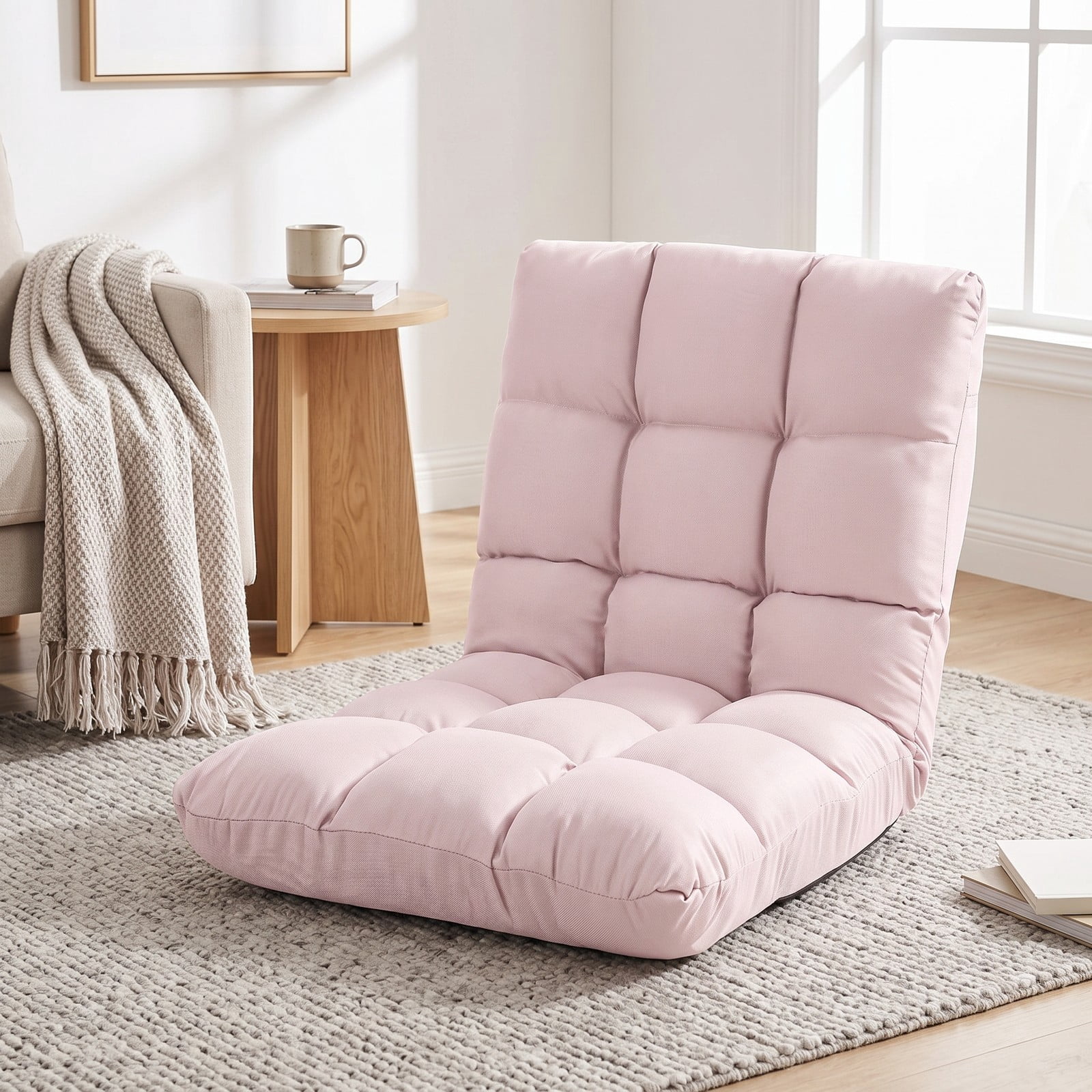 Furnibear 14-Position Adjustable Folding Floor Gaming Chair, Padded Lazy Recliner Sofa with Reclining Backrest for Living Room Bedroom Reading, Light Pink