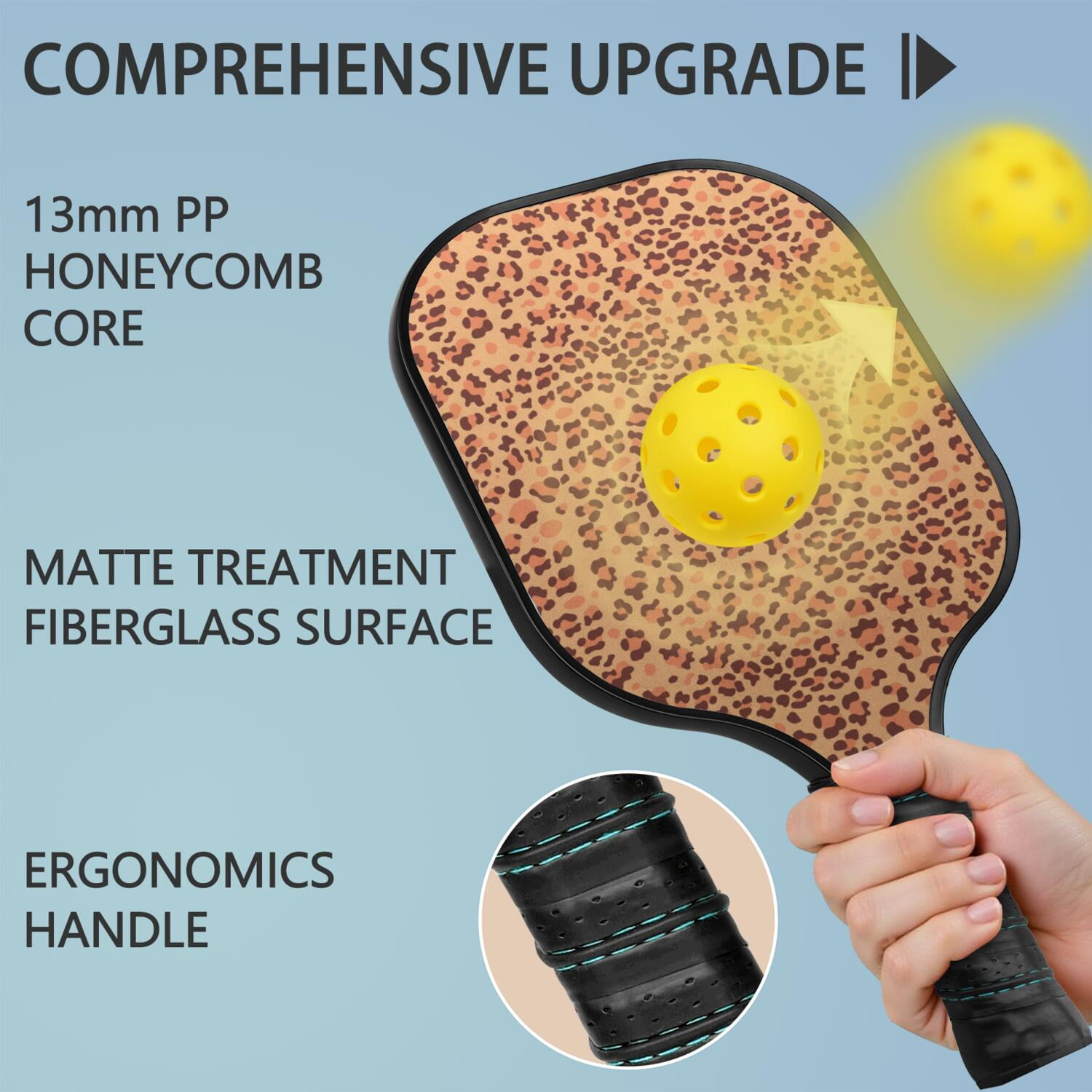 Pickleball Paddles Set Of 1, Fiberglass Surface, Animal, Leopard Print, 1 Paddle, 2 Balls & Bag