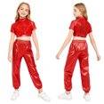 thumbnail image 5 of Aiihoo Kids Modern Jazz Dance Party Sets Girls Short Sleeve Metallic Shiny T-shirt Crop Tops with Pants Outfits Red 10, 5 of 7