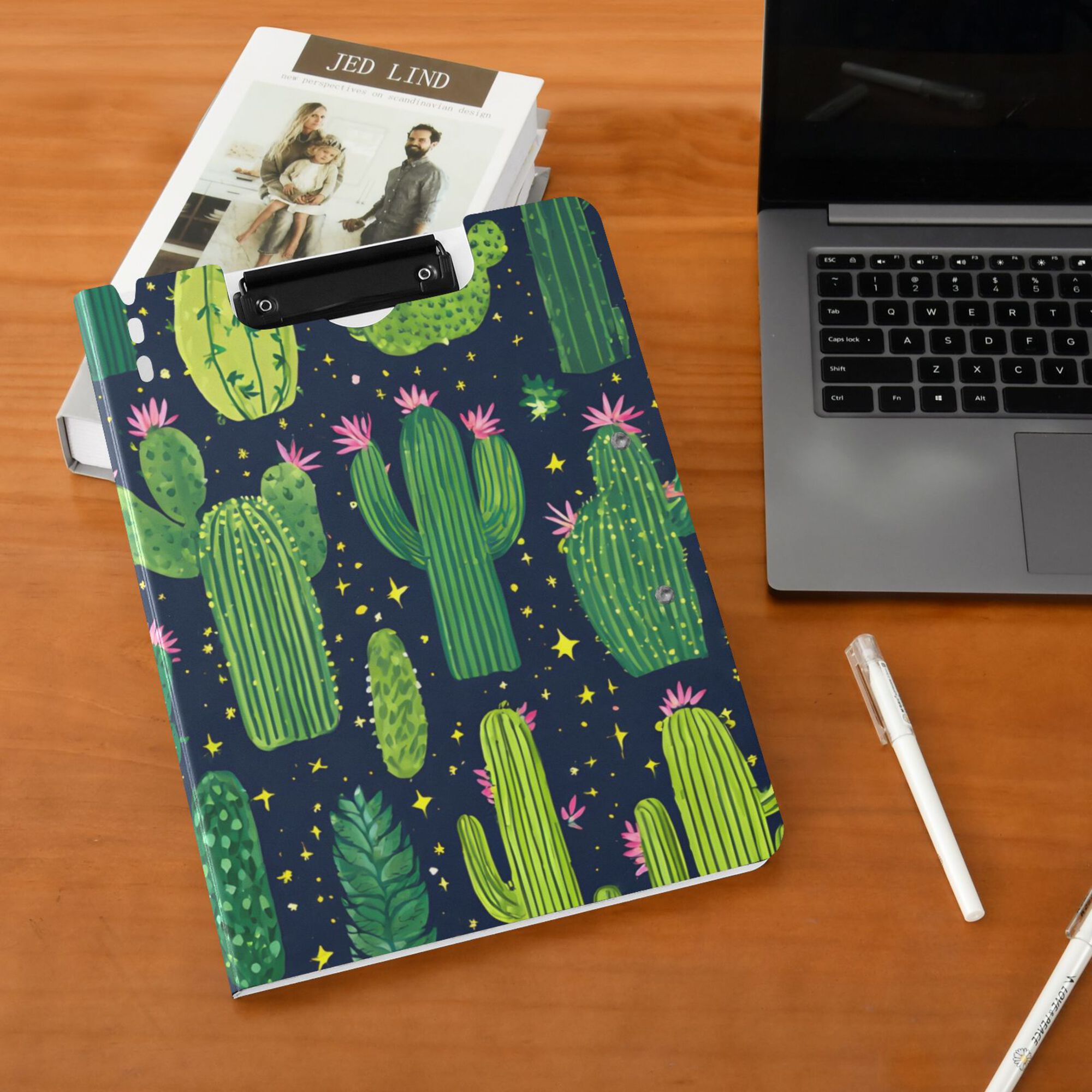 FORMRS A4 Clipboard Folder with Pen Holder Horizontal Foldable School Office Binder, Green Cactus Pattern