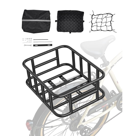 VEVOR Rear Bike Basket, Medium Bicycle Basket with Cargo Net, Liner & Waterproof Cover, Heavy Duty Bike Back Basket for Adult Women/Men Carrying Dogs, Pets, Fruit & Grocery, Mounting Tools Included