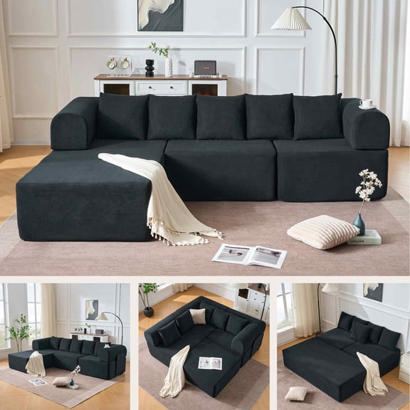 Timbernest 106" Oversized Modular Sectional Sofa, L Shaped Cloud Couch with Deep Seat, Modern Velvet Boneless Couch with Movable Chaise & 5 Pillows for Living Room, No Assembly Required, Black