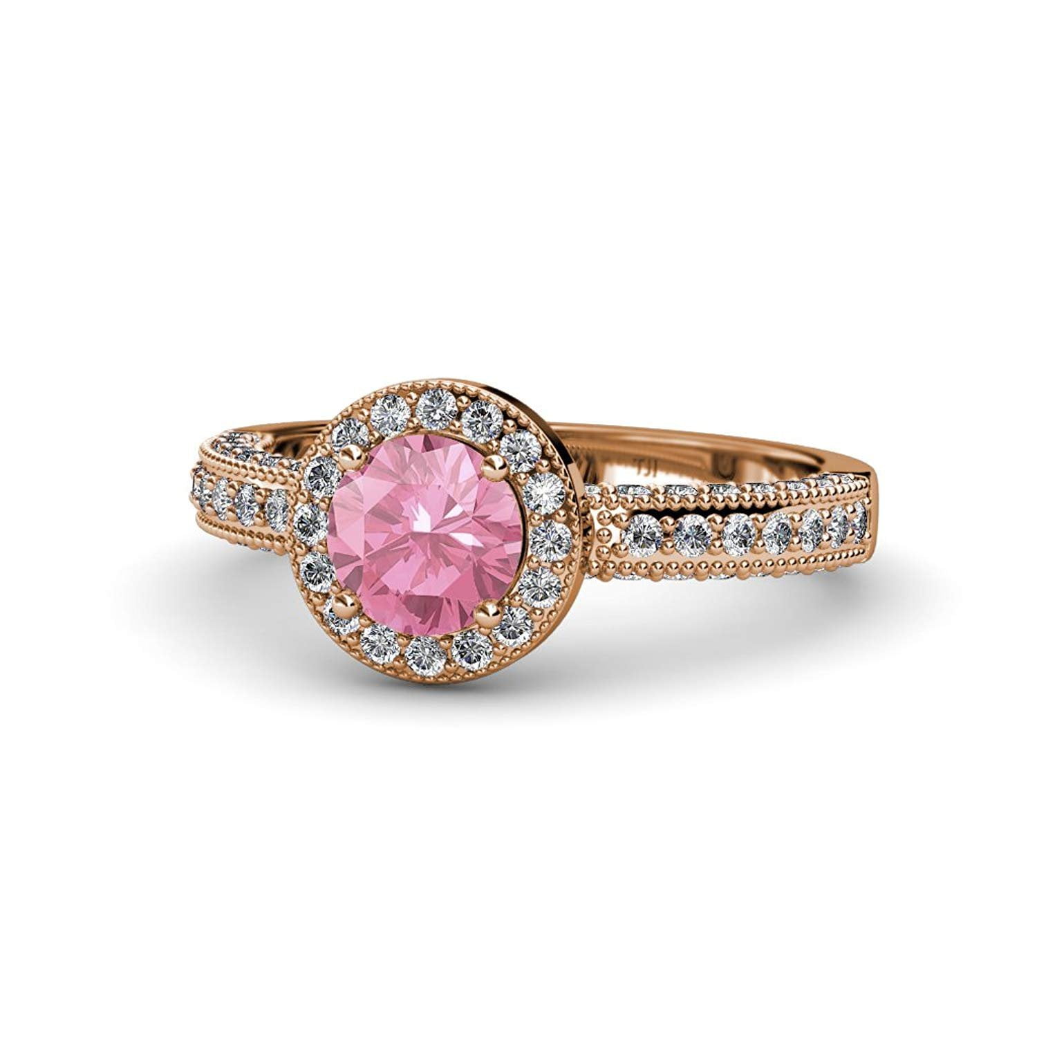Pink Tourmaline and Diamond Halo Engagement Ring with Milgrain Work 1.54 ct tw 14K Rose Gold.size 8.5 by TriJewels