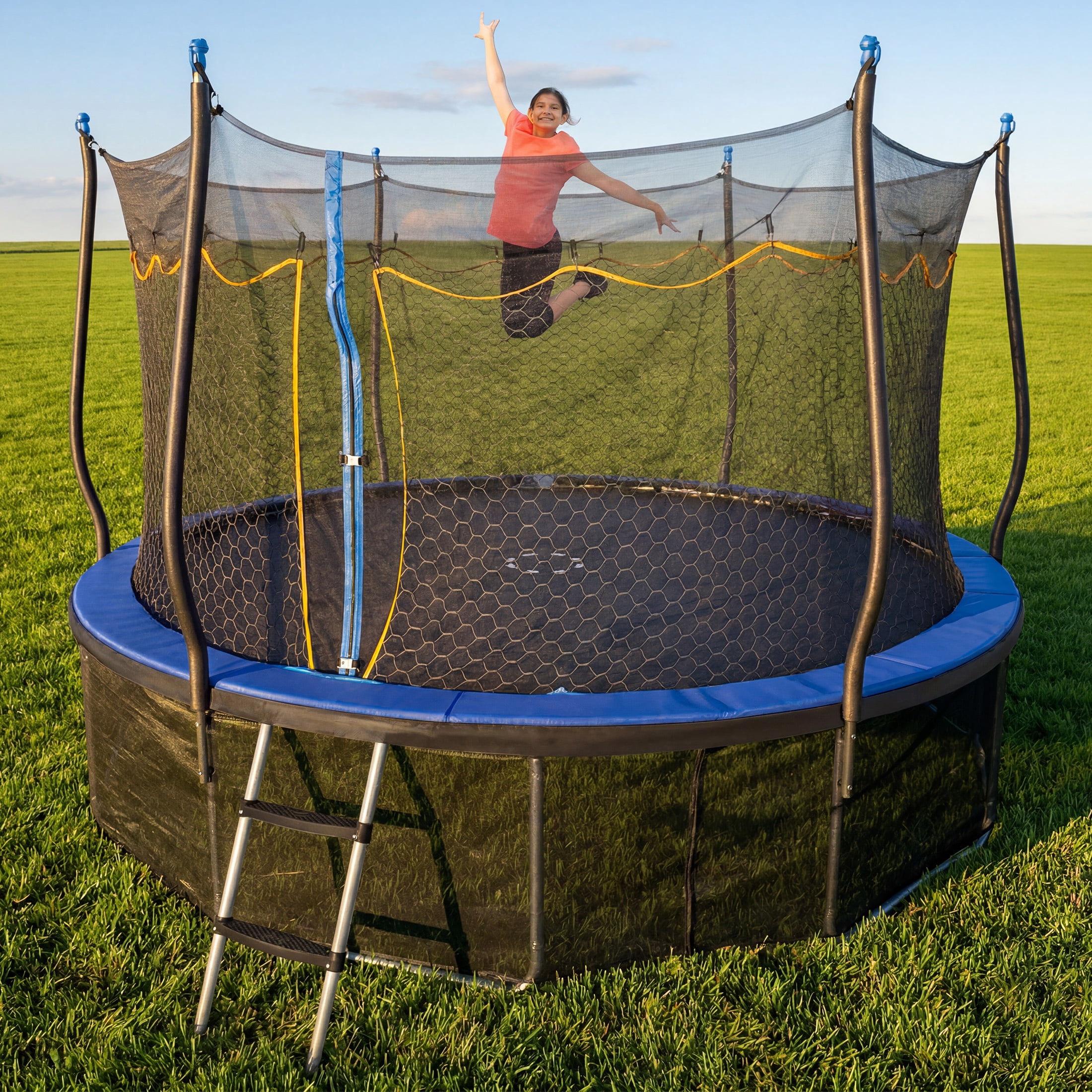 Bounce Pro 14ft Kinertial Trampoline Set with Double-Net Enclosure, Curved Poles, 360° Undermat Net & Ladder
