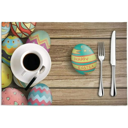 

Happy Easter Eggs Colorful on Wood Placemats Set Of 2 Non Slip Heat-Resistant Washable Table Place Mats for Kitchen Dining Home Decoration for Easter 12 X 18 Inch