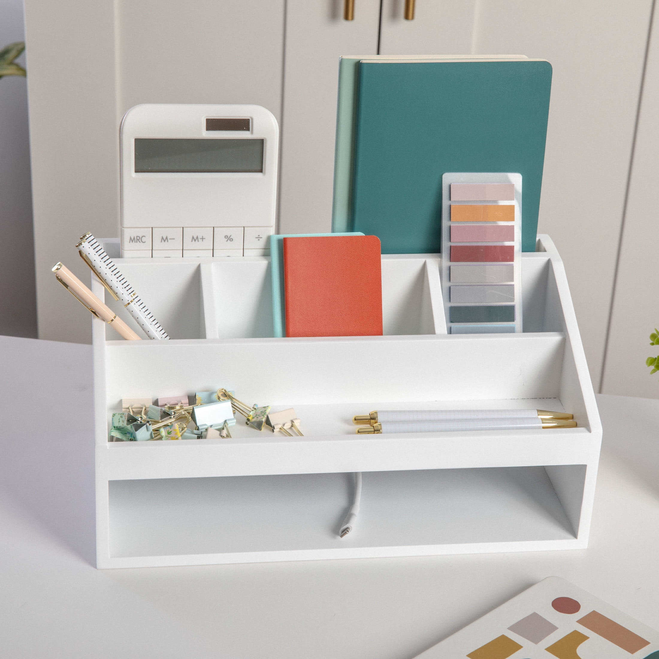 Martha Stewart Weston Wooden Desktop Organizer with Open Lower Storage Compartment, Engineered Wood Multipurpose Storage Caddy, White
