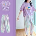 thumbnail image 6 of GaThRRgYP Baby Girl Summer Short Set,Casual Spring and Summer Cute Print Girls Short Sleevele Comfy Round-Neck Blouses and Long Pants Purple 170, 6 of 9