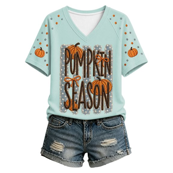 Jamsmile Women T-Shirts Halloween Pumpkin Football Print Round Neck T Shirts Comfort Pullovers Trendy Basic Loose Tees Shirts