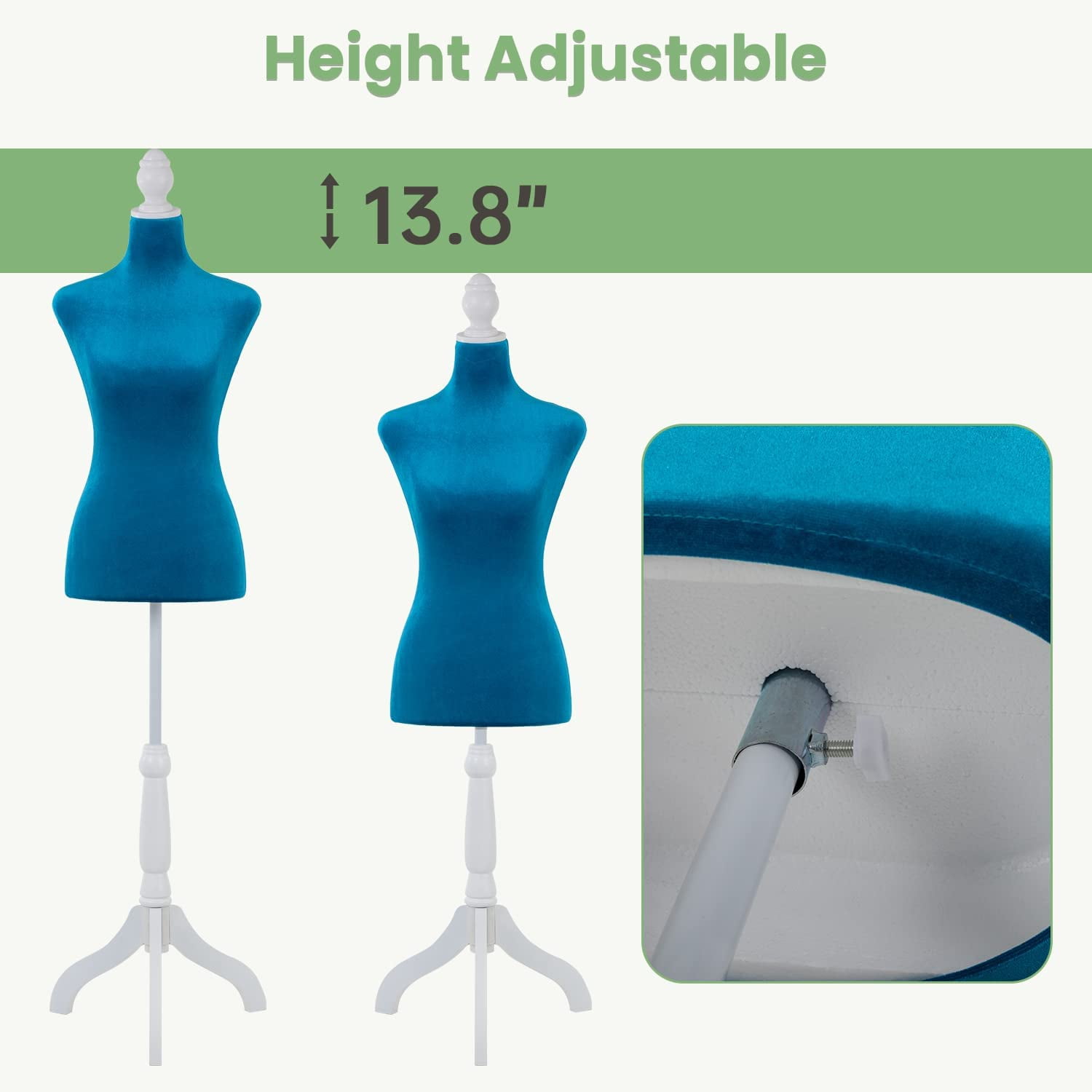 Mannequin Body Female, Dress Form Mannequin Torso Manikin with 49.6-63.7 inch Height Adjustable Wooden Tripod Stand, High Density Foam Portable Display Mannequin for Sewing Dress Display, Blue