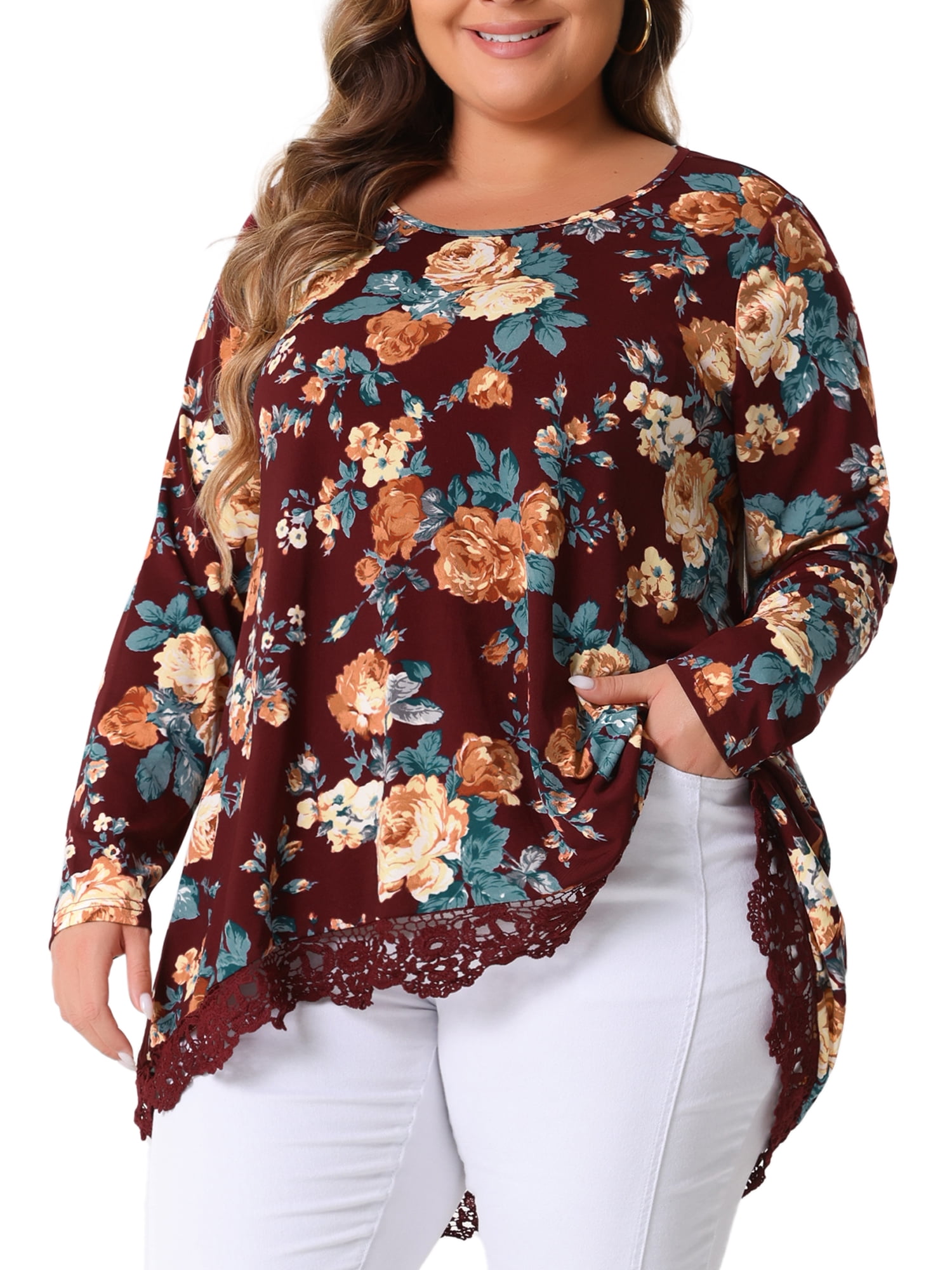 DARING DIVA Women's Plus Size Crew Neck Lace Trim A-Line Floral Blouse 4X Burgundy