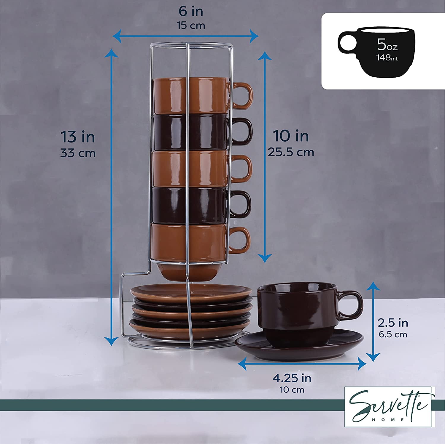 Servette Home Ceramic Stackable 5oz Espresso Coffee Cups with Saucers and Stand-Set of 6 (Brown Tan)
