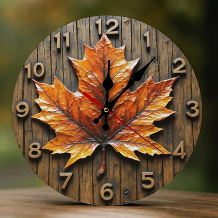 Wall Clock Decorative - Autumn Maple Leaf Print 2D Vintage Wall Clocks Battery Operated Silent Non-Ticking for Bedroom, Living Room, Kitchen, Office, Classroom, 10 Inch