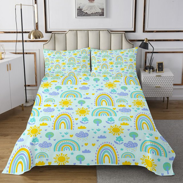 Erosebridal Colorful Rainbow Coverlet Set Queen, Floral Tree Bedding Set, Cartoon Sun Decor 3 Pieces