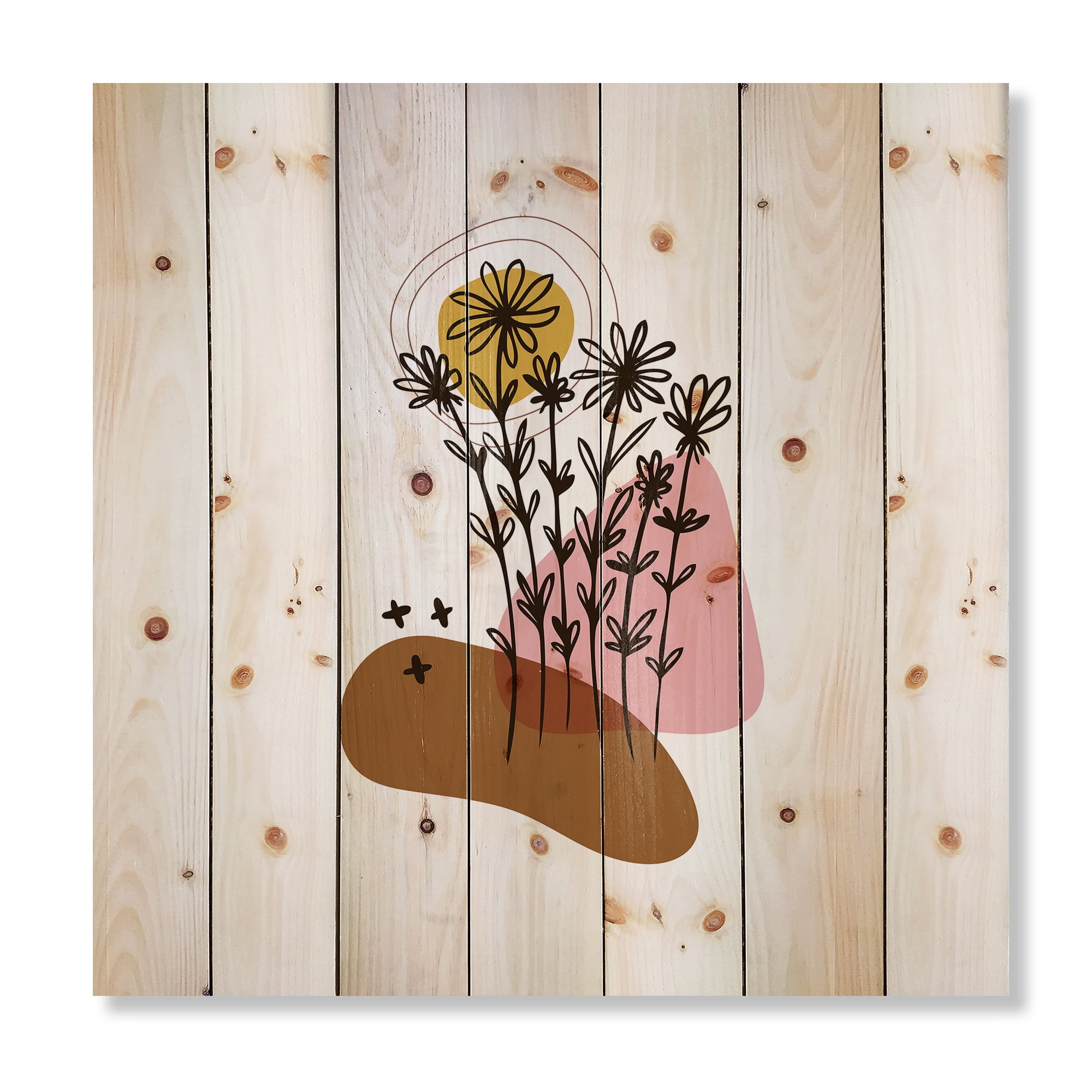 Designart 'Abstract Flowers Plants With Elementary Shapes I' Modern Print on Natural Pine Wood