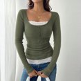 thumbnail image 7 of CIENVNSTG Women Lace Patchwork Ribbed Knit Tee Scoop Neck Casual Slim Fit Long Sleeve Crewneck Button Up Ruched Crop T-Shirts Army Green L, 7 of 7