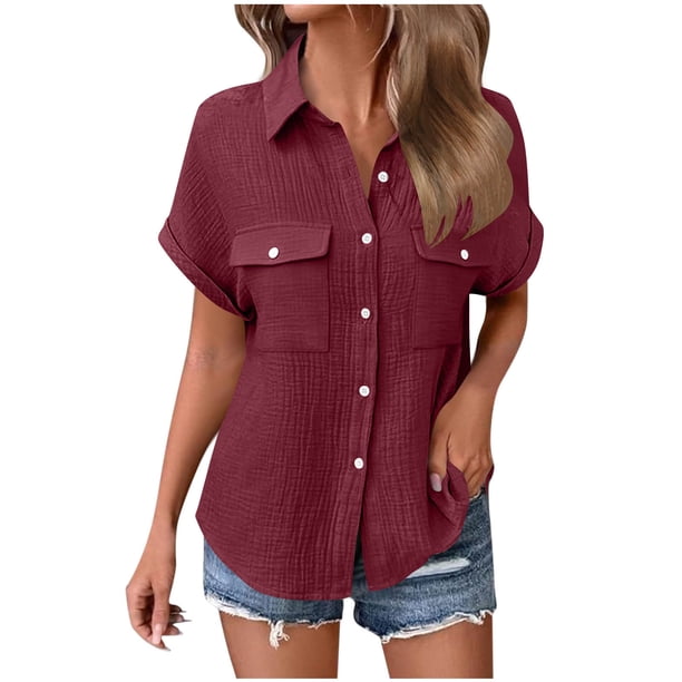 Craaazy Ladies Oversized Short Sleeve Tunic Tops, Lightweight Cotton Shirt, Turndown Collar Button Up Blouse with Chest Pockets for Everyday Outfits Gifts