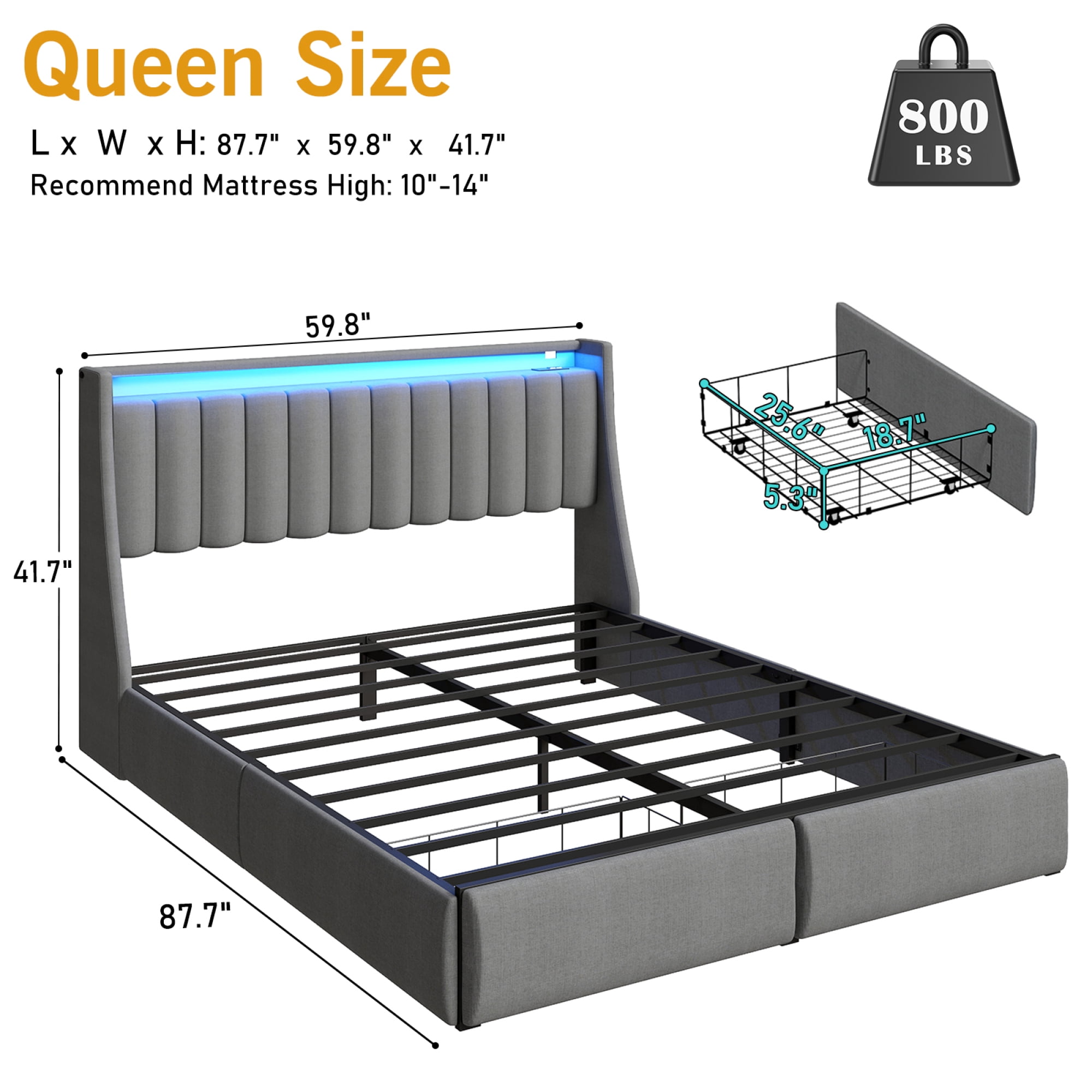 HOQBN Queen Size Bed Frame with RGB LED Lights & Charging Station, Upholstered Platform Bed with 2 Underbed Drawers & Storage Headboard, No Box Spring Required