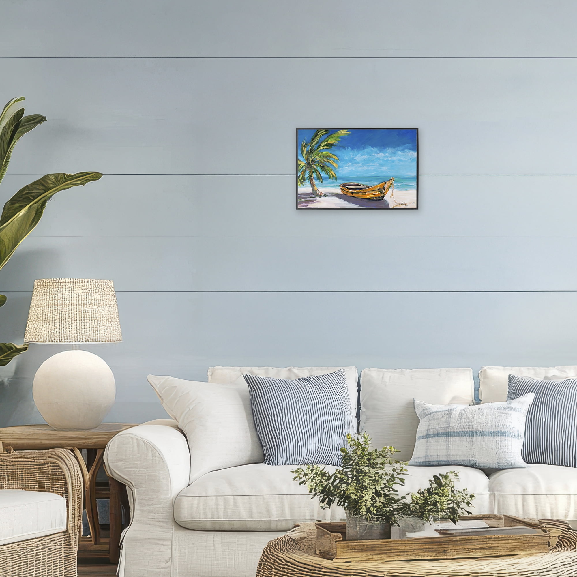 Stupell Industries Lost Island Palm & Boat Black Framed Giclee Art, design by Julie DeRice