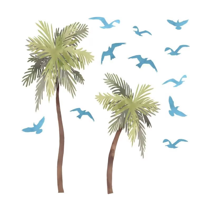 Watercolor coconut tree stickers, plant decals, coconut tree wall stickers, children's room stickers, bathroom waterproof decals, door, living room, TV wall decals Peel and Stick