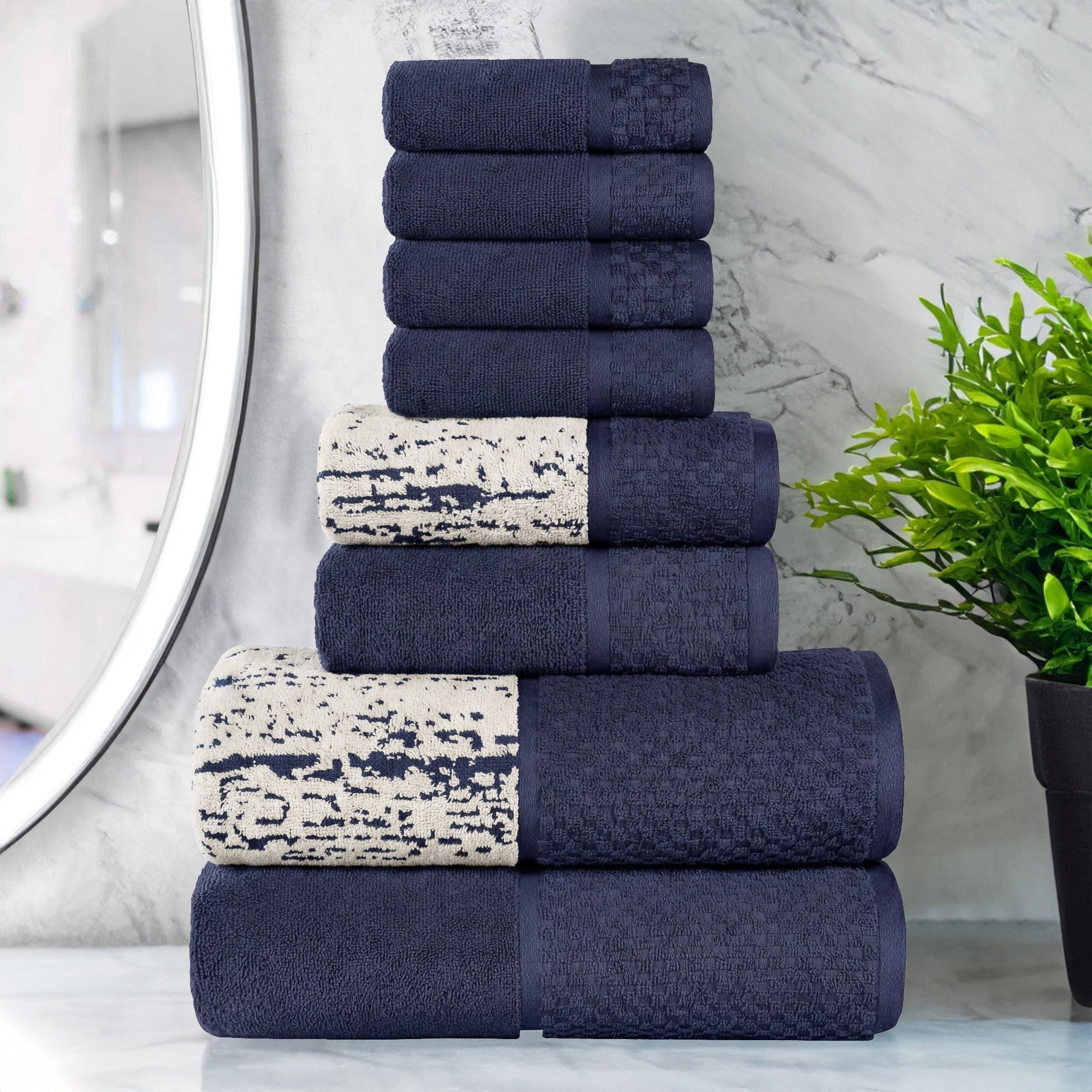 Superior Modern Cotton 8 Piece Bathroom Towel Set Mixed Pattern Solid, Navy Blue-Ivory