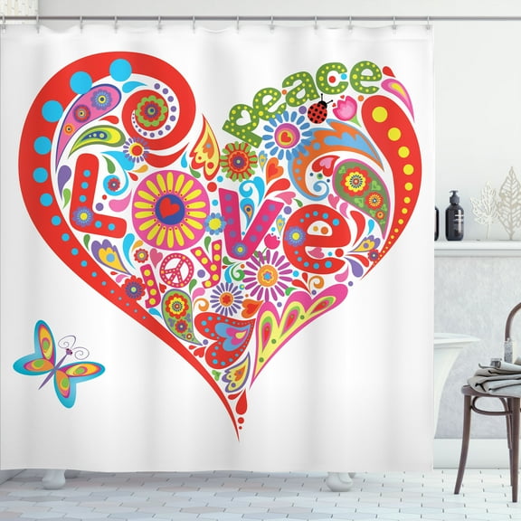Ambesonne Hippie Shower Curtain, Colorful Peace Heart, 69"Wx70"L, Multicolor