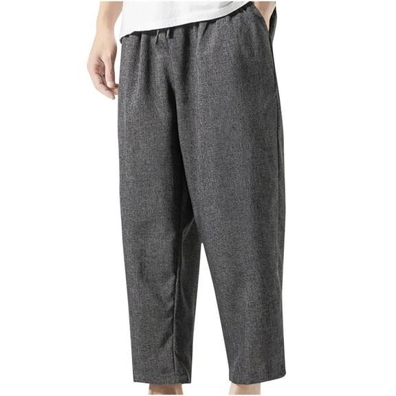 Handshe Men's Tapered Ankle-Length Pants with Elastic Waist & Drawstring Pockets Solid Color Casual Comfort